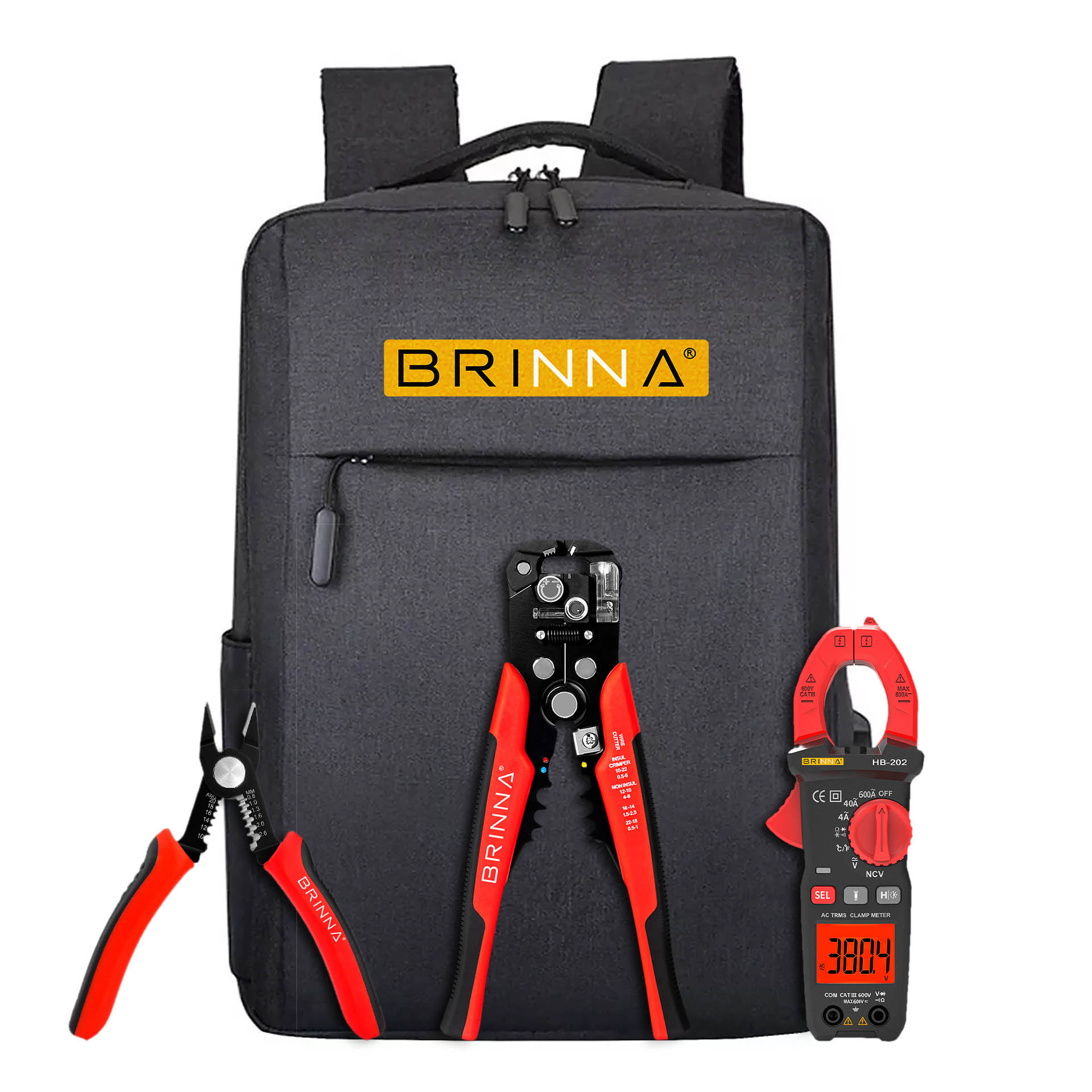 COMBO BRINNA PINZA AMPEROMETRICA PELACABLES ALICATE MOCHILA