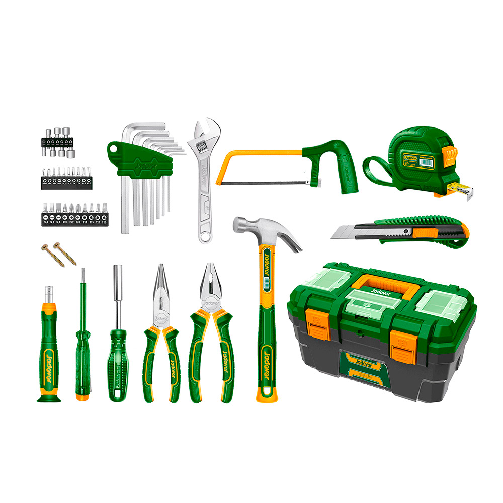 KIT DE HERRAMIENTAS MANUALES DE 85 PIEZAS + CAJA DE HERRAMIENTAS DE PVC JADEVER