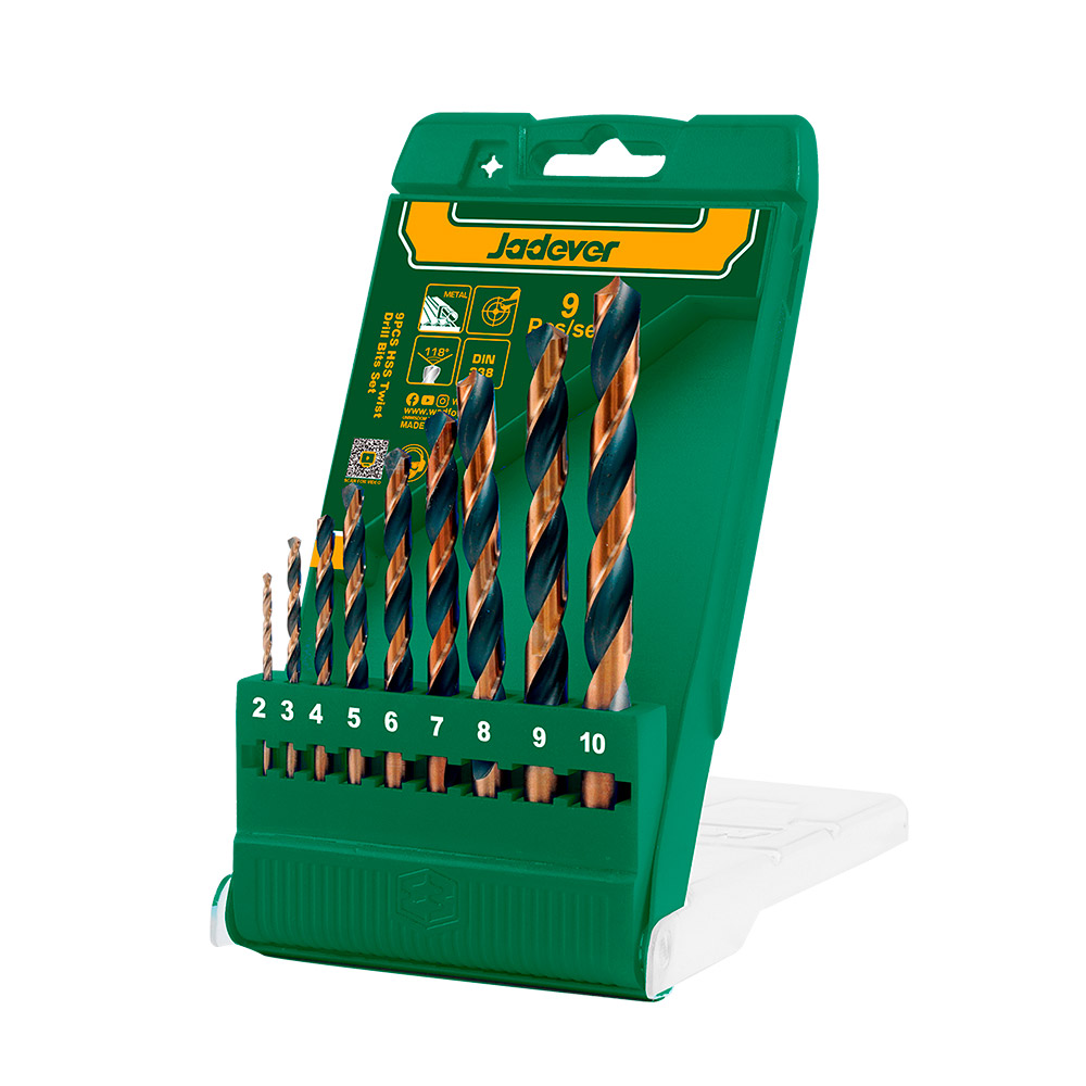 KIT DE MECHAS DE ACERO RÁPIDO DE 9 PIEZAS -  2 MM, 3 MM, 4 MM, 5 MM, 6 MM, 7 MM, 8 MM, 9 MM, 10 MM JADEVER