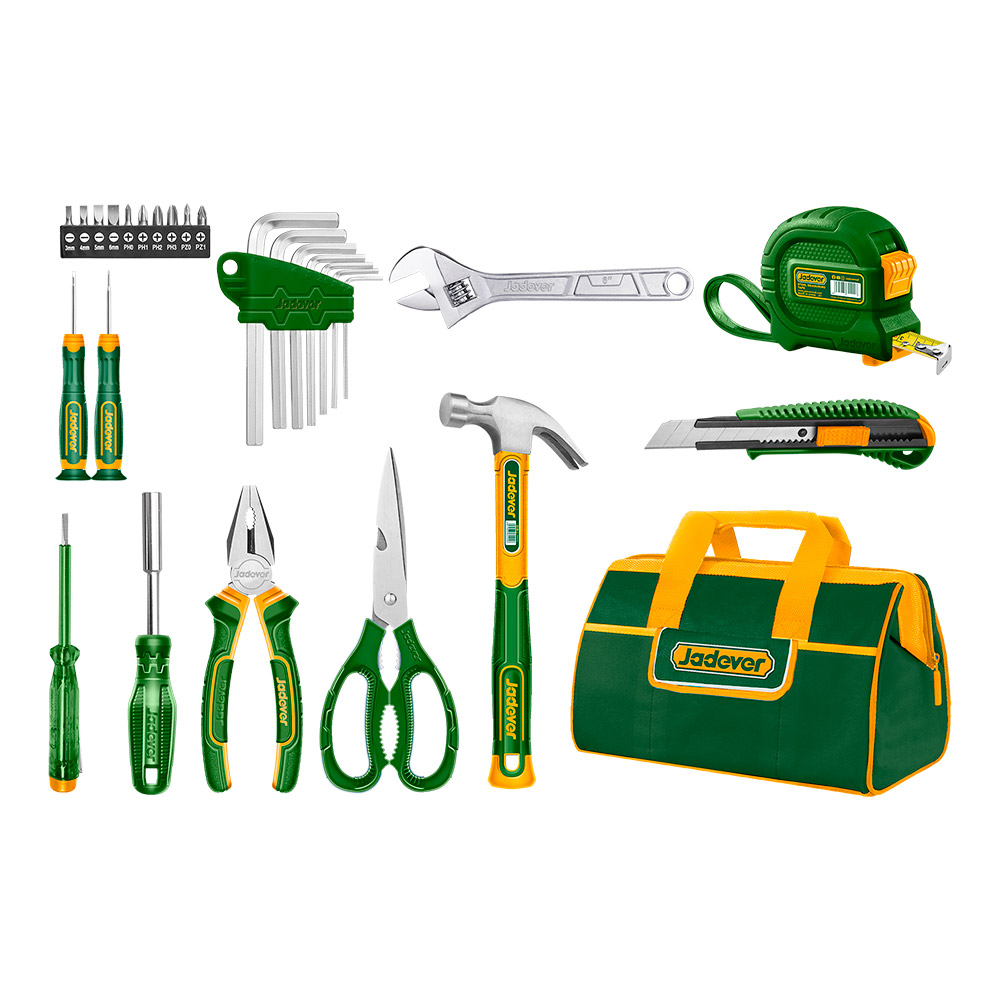 KIT DE HERRAMIENTAS DE 28 PIEZAS INCLUYE VARIAS HERAMIENTAS MANUALES + BOLSA PORTA HERRAMIENTAS JADEVER