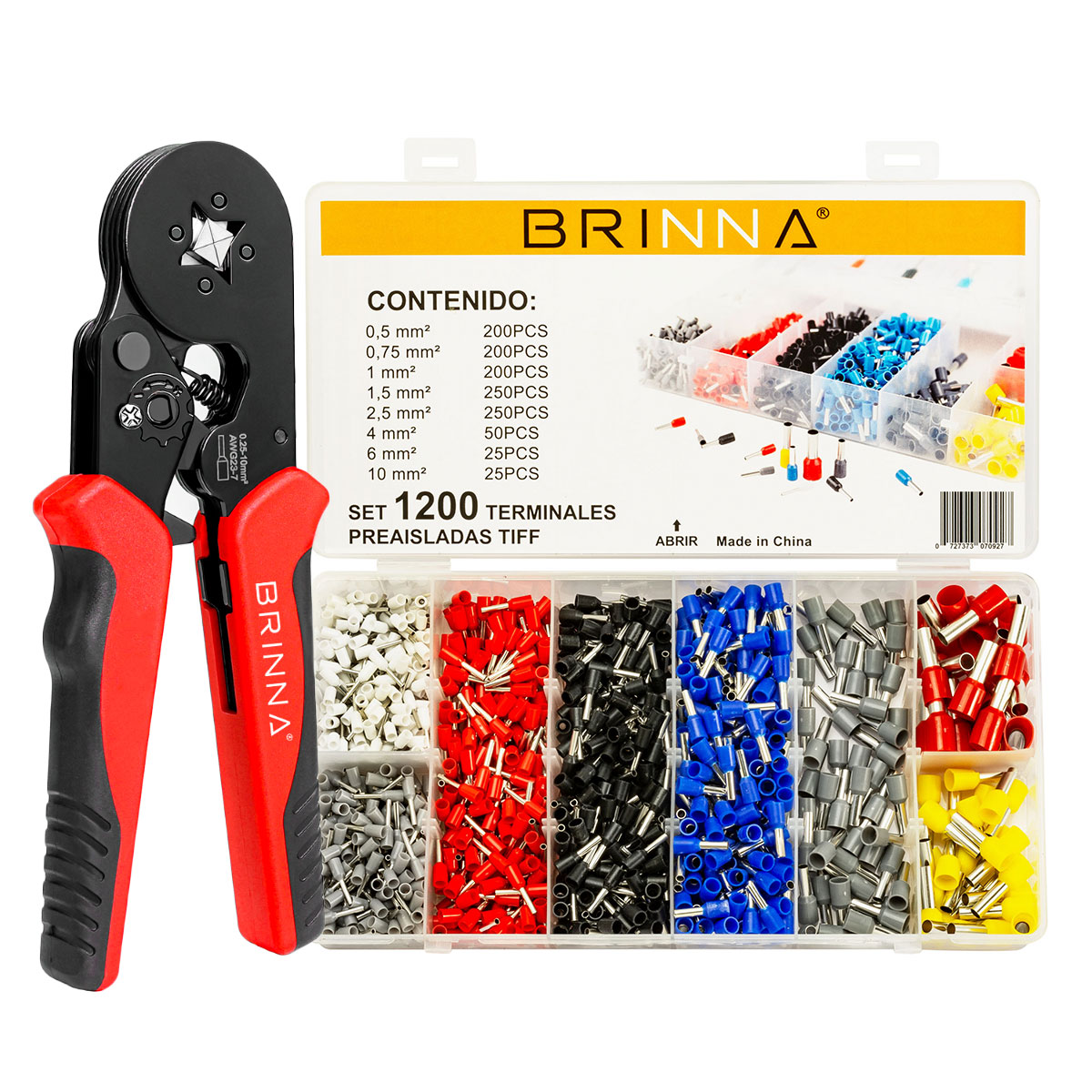 CRIMPEADORA TIFF BRINNA HB-104 + SET 1200 TERMINALES DE COBRE BRINNA