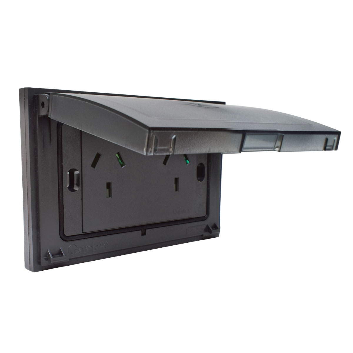 TAPA Y BASTIDOR P/INTEMPERIE IP55 GRIS C/ TOMA CORRIENTE DOBLE CAMBRE