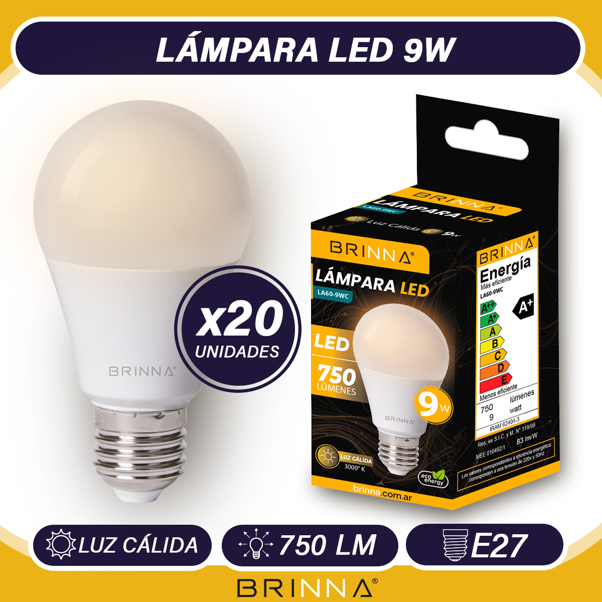 PACK X20 LAMPARAS LED A60 BRINNA 9W BLANCO CALIDO