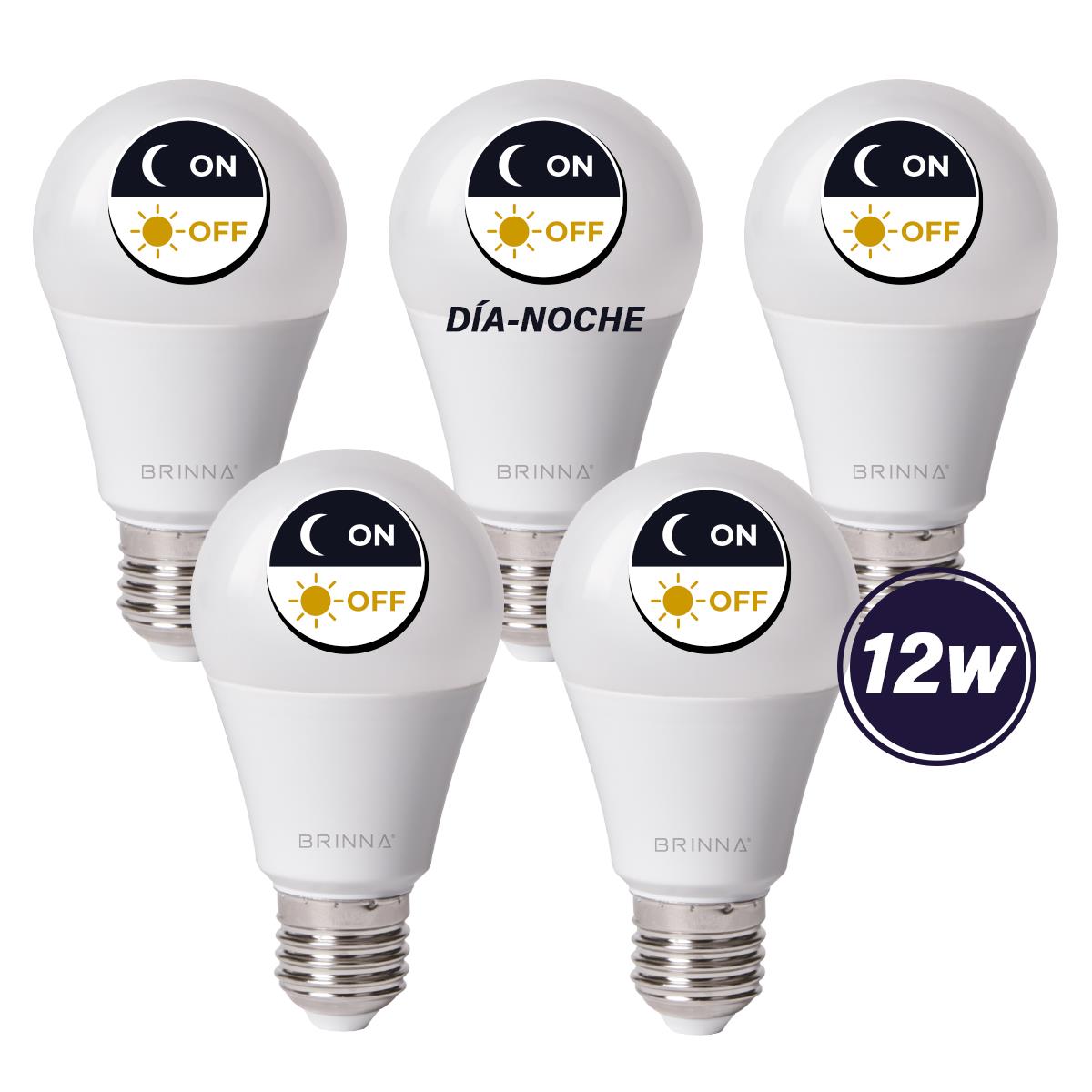 LAMPARA LED SENSOR DÍA NOCHE BRINNA FOTOCÉLULA 12W CALIDO PACK X5