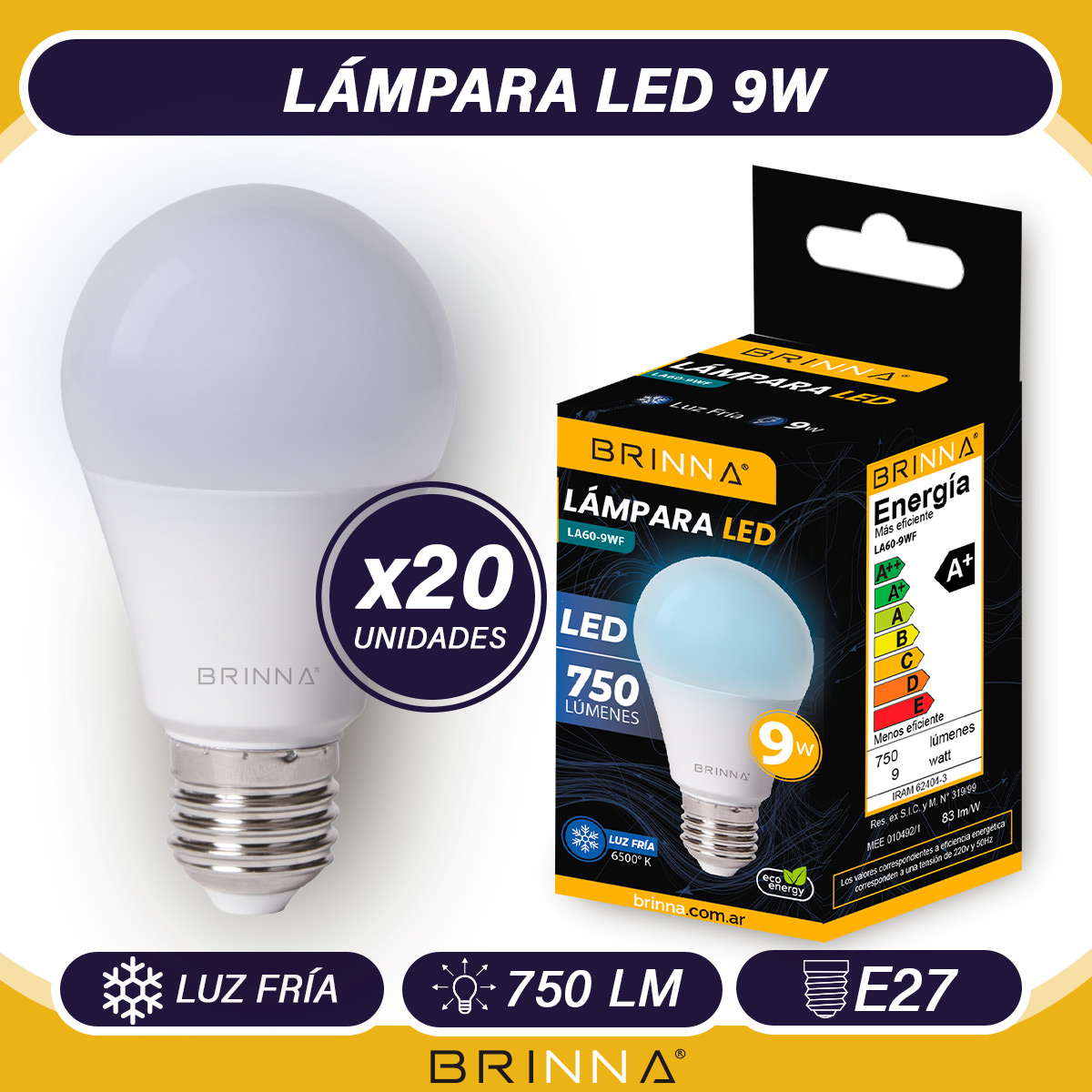PACK X20 LÁMPARAS LED 9W BRINNA FRIAS