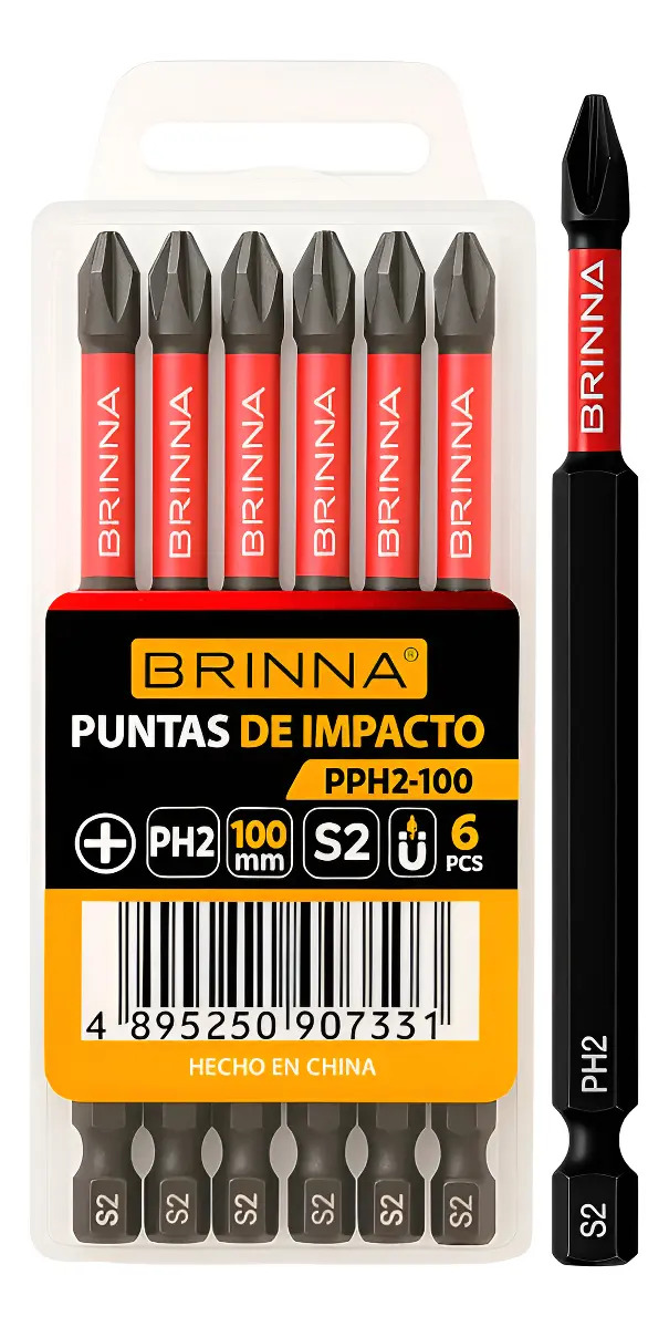 Juego 6 Puntas Brinna Ph2 100mm Alto Impacto S2 Imantada Hex