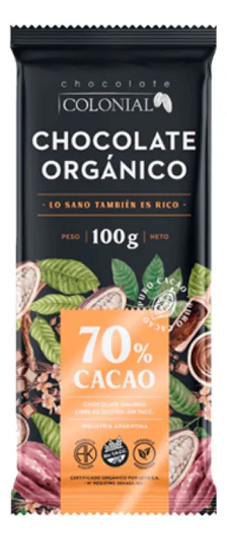 Chocolate Barra Orgánico Negro 70% Cacao Colonial