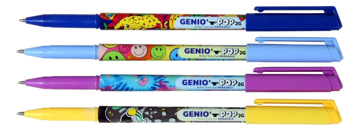 4 Lapiceras Roller Simball Genio Pop 2g Tinta Azul Exterior Multicolor