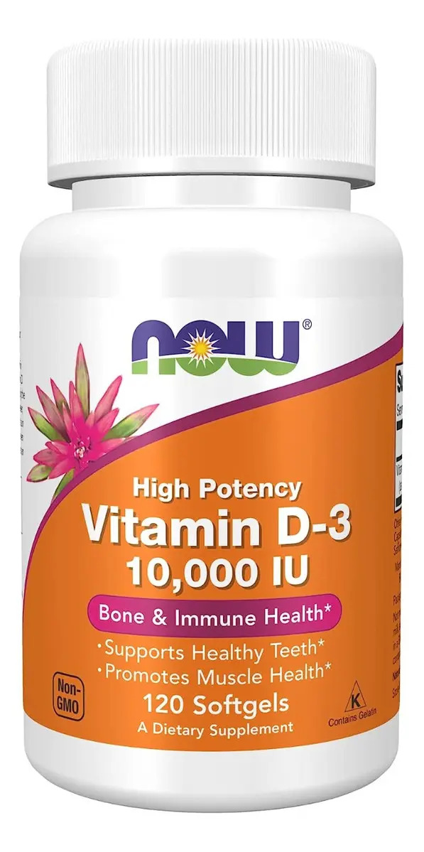 Now Foods Vitamina D3 10000 IU Alta Potencia y Biodisponibilidad 120 Caps Blandas